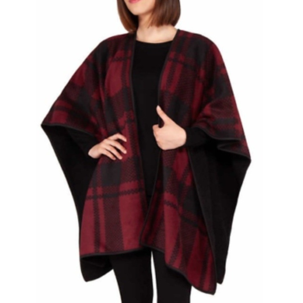 Ike Behar Womens Red Black Plaid Open Front Poncho‎ Wrap One Size Cape Shawl